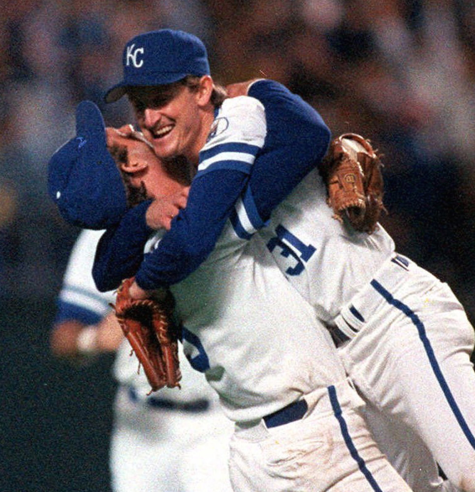 Kansas City Royals pitcher Bret Saberhagen, right, embraces third baseman George Brett after a pitching shutout to give the Royals the World Series crown over the St. Louis Cardinals in Kansas City, Mo., in 1985. Saberhagen and Brett both see similarities between their ‘85 championship team and the group of Royals trying to replicate their feat.