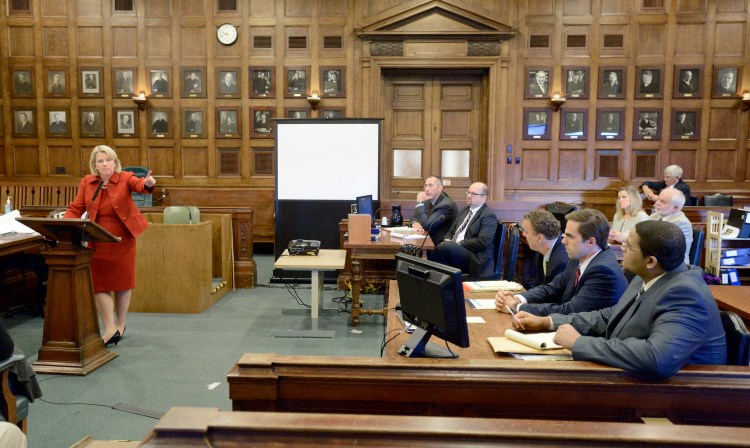 Deputy Attorney General Lisa Marchese points to Anthony Pratt Jr. (far right) during closing arguments in Pratt's murder trial at the Cumberland County Courthouse.