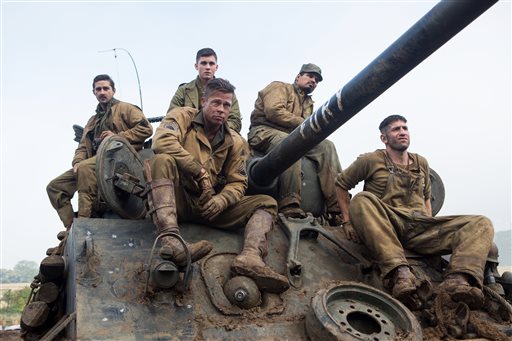 From left, Shia LaBeouf as Boyd "Bible" Swan, Logan Lerman as Norman, Brad Pitt as Sgt. Don "Wardaddy' Collier" Michael Pena as Trini "Gordo" Garcia, and Jon Bernthal as Grady "Coon-Ass" Travis, in Columbia Pictures' "Fury."   Sony Pictures Entertainment photo