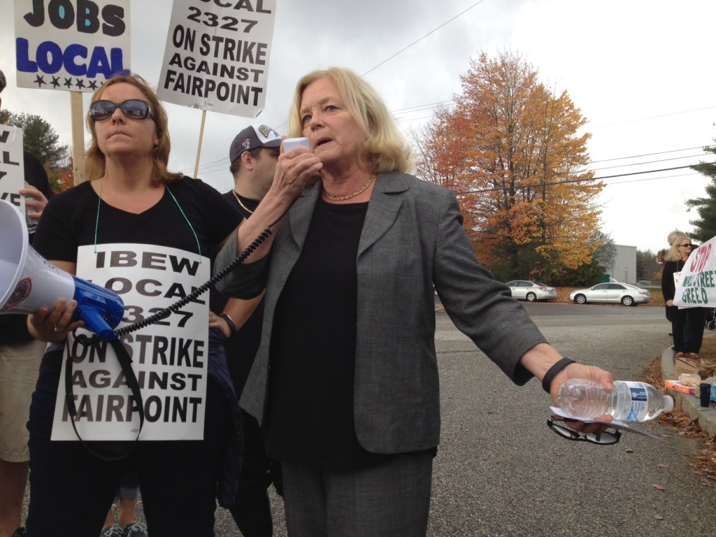 U.S. Rep. Chellie Pingree addresses FairPoint workers on the picket line in Portland on Oct. 17. In a letter sent Friday to FairPoint's, CEO, Pingree said, "The company’s insufficient response to these contract negotiations causes me to question whether taxpayer dollars are being wisely spent on government contracts with FairPoint." 
