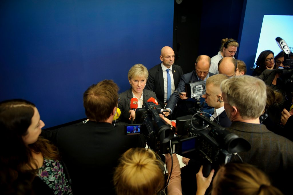 Sweden's Foreign Minister Margot Wallstrom talks to the media in Stockholm, after Sweden's new government officially recognized a Palestinian state. 