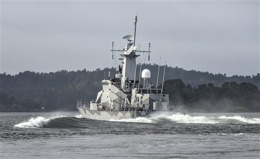 Swedish corvette HMS Stockholm patrols Jungfrufjarden in the Stockholm archipelago, on Monday. The submarine hunt had put countries around the Baltic Sea on edge, with Latvia's foreign minister calling the incident a potential "game changer" in the region. The Associated Press