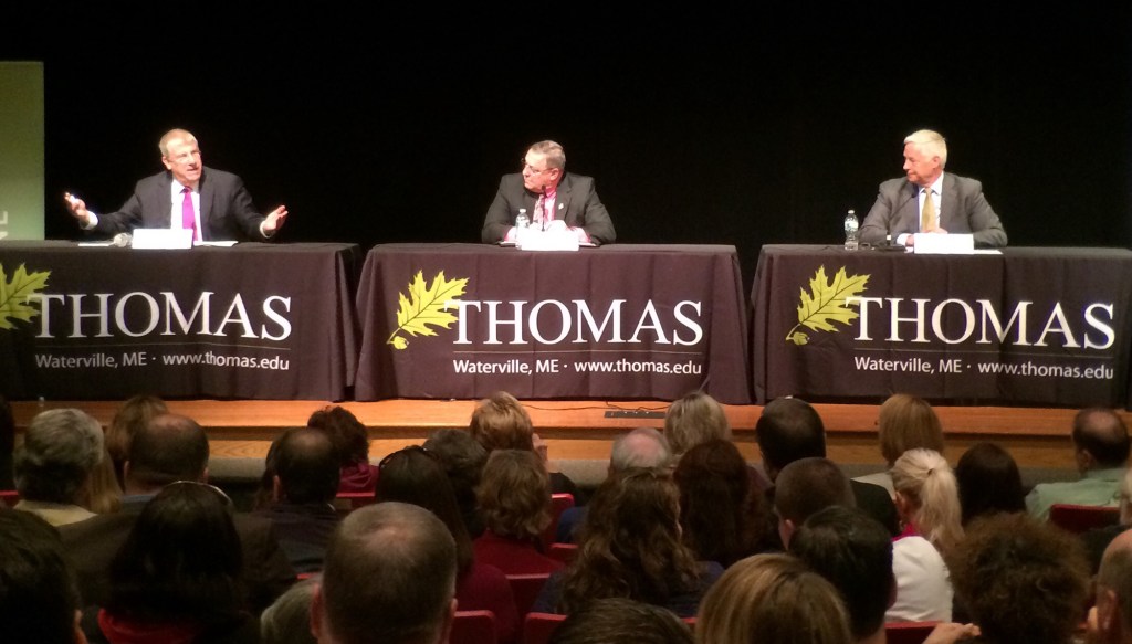 The three candidates for Maine governor answer moderator's questions during the second gubernatorial debate Thursday morning at Thomas College in Waterville. From left, independent Eliot Cutler, Republican incumbent Paul LePage and Democrat Mike Michaud. Gregory Rec / Staff Photographer