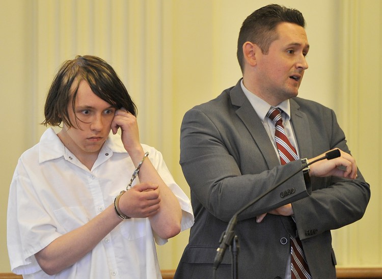 Accused arsonist Dylan Collins appears in York County Superior Court with his attorney , Will Ashe, who entered no plea on Collins' behalf Friday. 