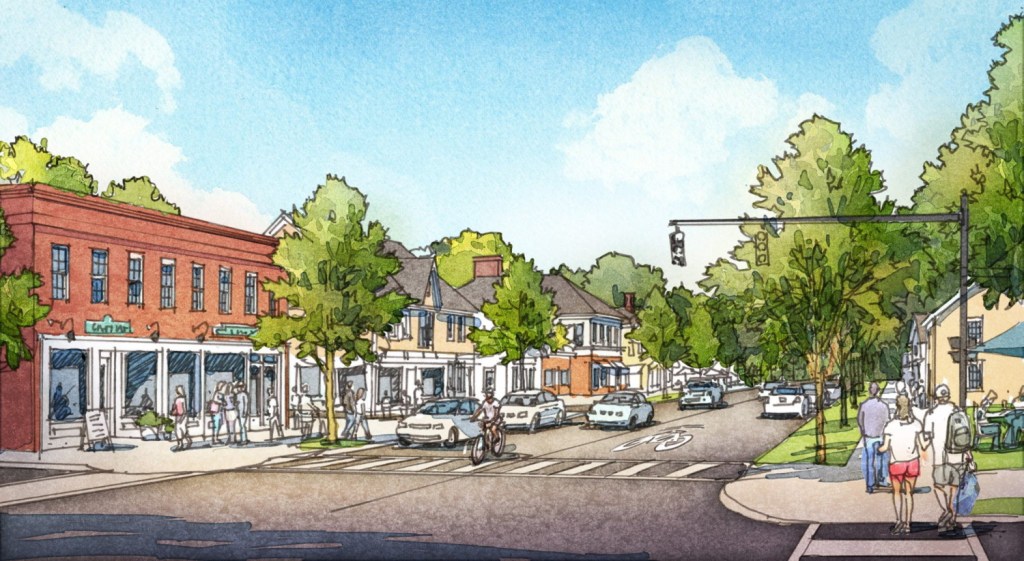  An artist’s conceptual rendering of what the intersection between Main Street and Route 1 in Yarmouth could look like without the overpass, and with added street features.