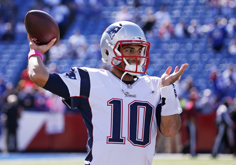 Jimmy Garoppolo isn’t expected to get into the game Sunday for the New England Patriots, but his job of emulating Peyton Manning in practice this week gave defenders a chance to see what they may encounter.