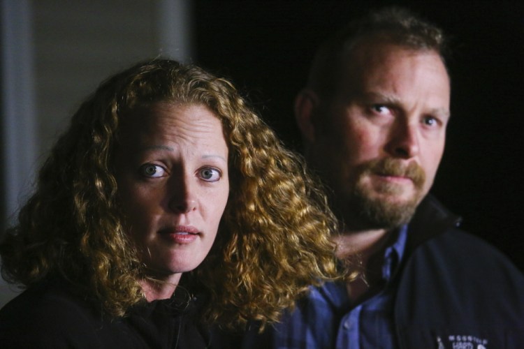 Kaci Hickox and Ted Wilbur talk to the press regarding Maine’s quarantine policy in October.