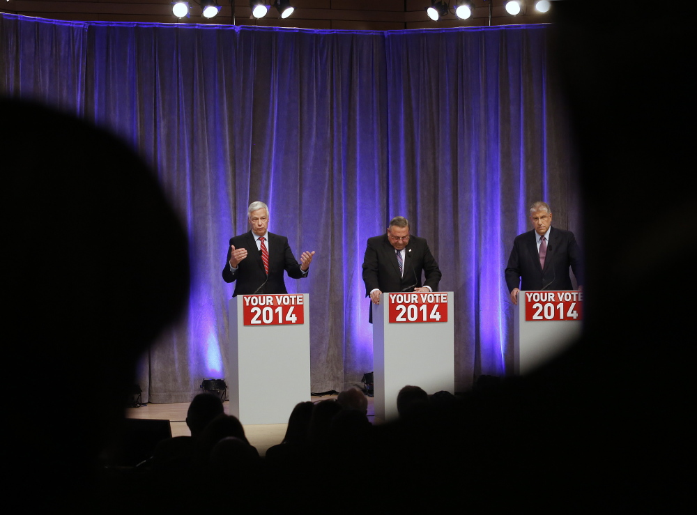 An Oct. 20 gubernatorial debate at the University of Southern Maine’s Hannaford Hall featured candidates U.S. Rep. Mike Michaud, left, Gov. Paul LePage and Eliot Cutler, right.