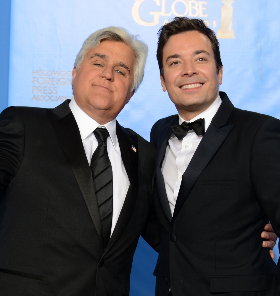 Jay Leno, left, and Jimmy Fallon meet backstage at the 70th Annual Golden Globe Awards in Beverly Hills, Calif., in 2013. Leno will be a guest on “Tonight” on Friday.