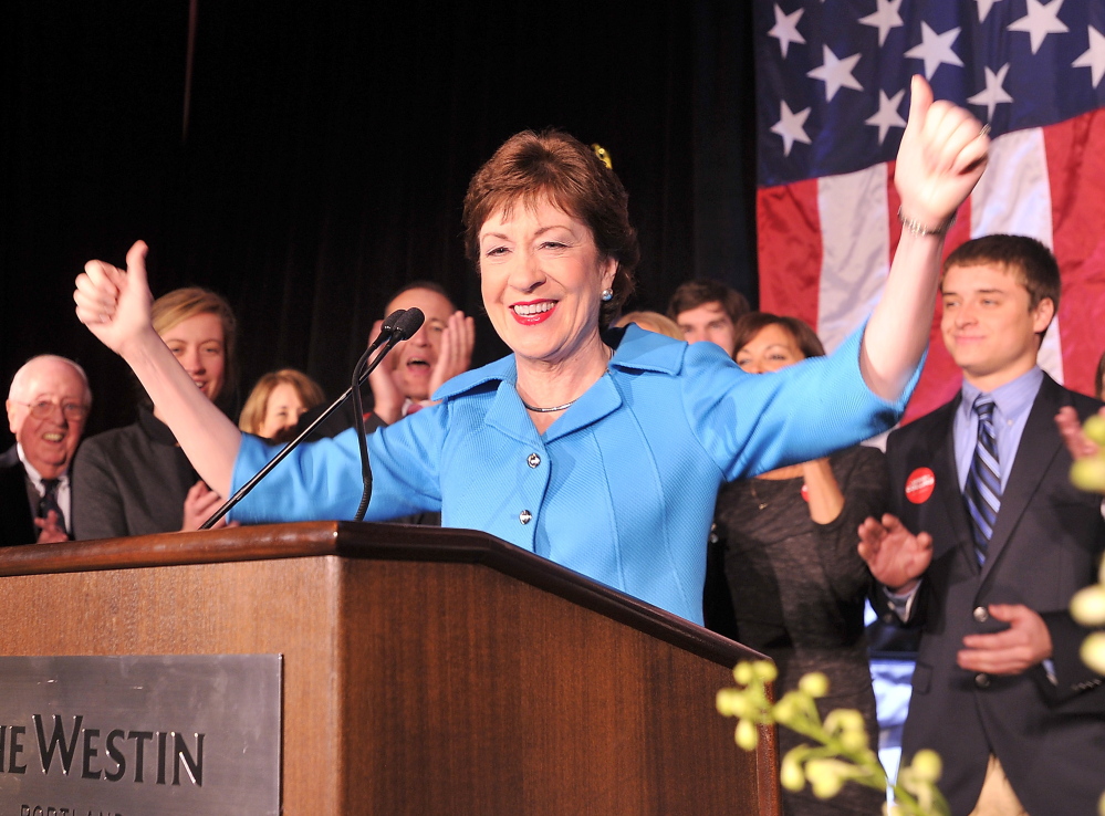 Susan Collins gives her victory speech Tuesday night at the Westin Portland. The incumbent’s campaign emphasized her reputation as a moderate Republican.