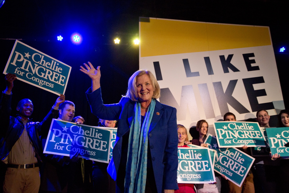 PORTLAND, ME - NOVEMBER 4: U.S. Rep. Chellie Pingree, (D-North Haven) waves after giving her victory speech at Port City Music Hall after she was re-elected to the House of Representatives Tuesday, November 4, 2014. (Photo by Gabe Souza/Staff Photographer)