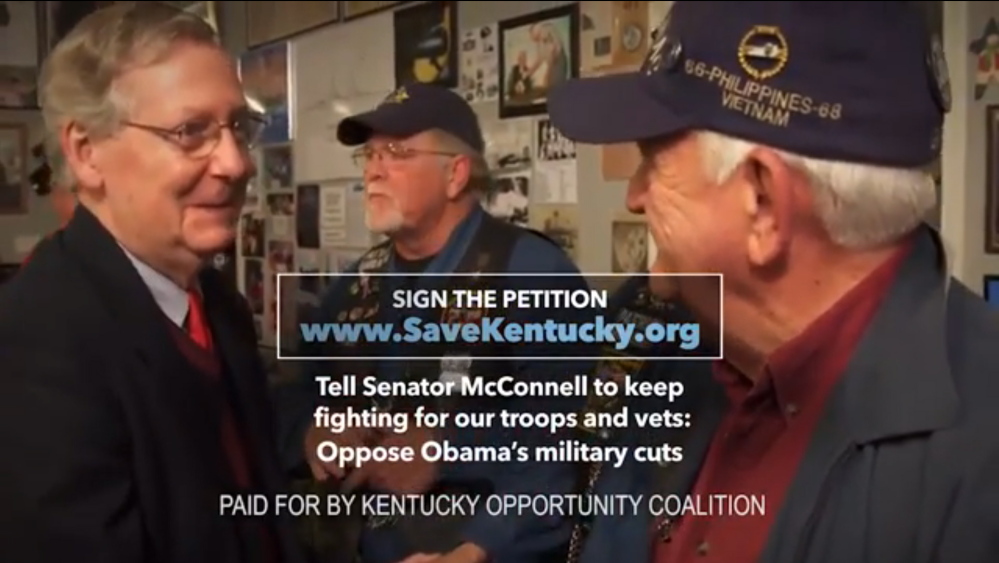 In this image from video from an ad released by the group Kentucky Opportunity Coalition, Sen. Mitch McConnell, R-Ky., shakes hands with a Vietnam veteran. The high-quality footage is just sitting McConnell's campaign website, available to anybody who might want to make it part of a campaign commercial in this year’s high-stakes Senate elections. The law prohibits any candidate from coordinating with groups who may share the goal of winning an election to Congress this year. But nothing says a group like the Kentucky Opportunity Coalition can’t use the public footage of McConnell, in a campaign commercial that ultimately helps the Senate’s minority leader win a sixth term. (AP Photo/Kentucky Opportunity Coalition)