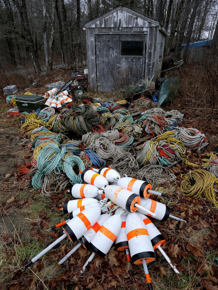 Fishing gear sits idled in the backyard of shrimp fisherman Tim Simmons’ Nobleboro home in December 2013. Shrimpers fear the market will have trouble rebounding in the future.