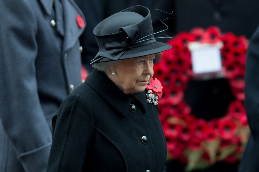 Britain’s Queen Elizabeth II arrives during the service of remembrance at the Cenotaph in Whitehall, London, on Sunday.