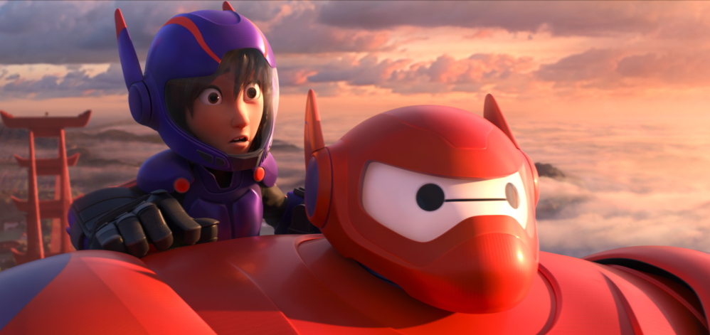 Animated characters Hiro Hamada, voiced by Ryan Potter, and Baymax, voiced by Scott Adsit, appear in “Big Hero 6.”