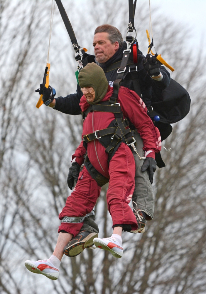 Eleanor Cunningham and tandem master Dean McDonald make a safe landing at Saratoga Skydiving Adventures on Saturday. McDonald said Cunningham is his oldest jump partner yet.