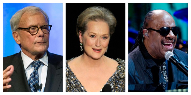 In this combination of Associated Press file photos, Tom Brokaw, left, speaks at the Pennsylvania Chamber of Business and Industry annual dinner Monday in Hershey, Pa., Meryl Streep, center, appears at the Oscars at the Dolby Theatre  in Los Angeles, on a Feb. 24, 2013, and Stevie Wonder performs during the “In Performance at the White House” in the East Room of the White House in Washington on May 9, 2012.