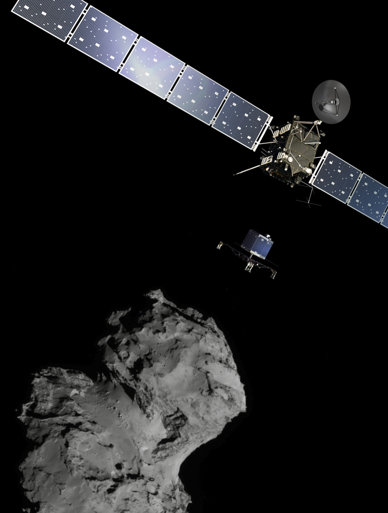 The picture released by the European Space Agency ESA shows the Rosetta mission poster which is a combination of various images to illustrate the deployment of the Philae lander to comet 67P/Churyumov–Gerasimenko. from the Rosetta spacecraft.  The image of the comet was taken with the navigation camera on Rosetta. On Wednesday, Nov. 12,  2014 the Philae lander will be detached from Rosetta to land on the comet. (AP Photo/ESA)