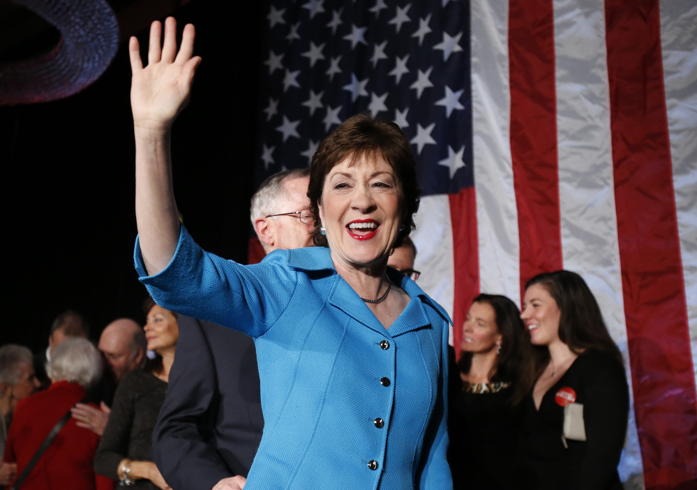Republican Sen. Susan Collins celebrates her re-election in this November 2014 photo. A survey of 654 registered Maine voters finds Collins has a 78 percent favorability rating. 
The Associated Press