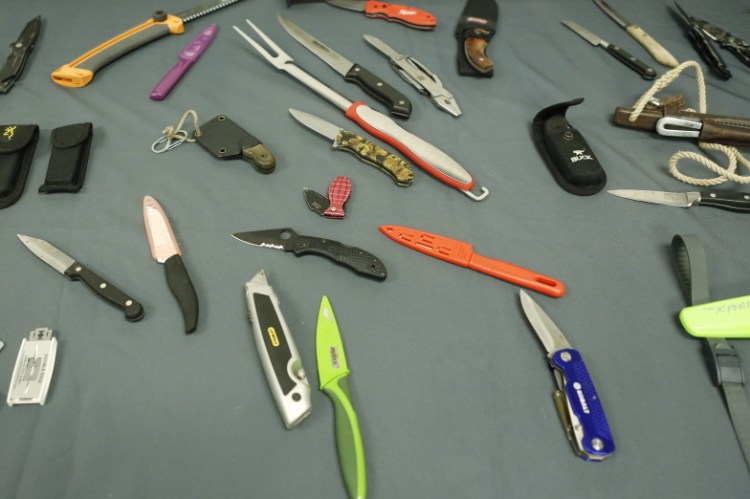 The 500 pounds of prohibited items seized at the jetport this year include carving knives, brass knuckles, a large barbecue fork and box cutters.