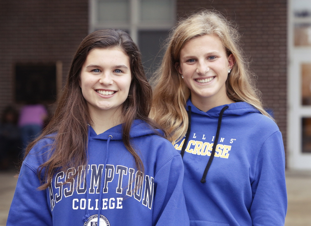 Scarborough High School lacrosse players Miranda Page, left, and Kaitlin Price have signed letters of intent to play field hockey. Page signed with Division II Assumption College of Worcester, Mass., and Prince signed with Division II Rollins College of Winter Park, Fla.