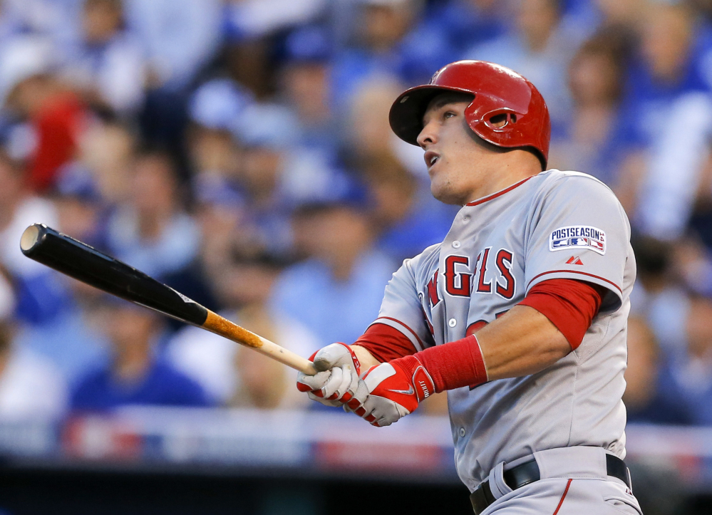 Mike Trout, seen hitting a home run against the Kansas City Royals in the AL Division Series last month, was the unanimous winner of the American League’s Most Valuable Player award. At 23, he is the fifth-youngest MVP in major league history.