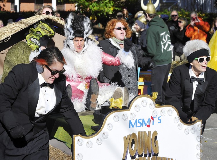The team from the Maine State Music Theatre’s production of “Young Frankenstein” won the best bed award in the Rolling Slumber Bed Races in Park Rowe in Brunswick on Saturday.