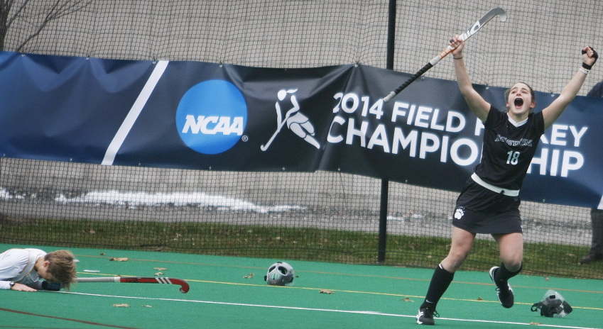 Rachel Kennedy celebrates after scoring in overtime to give Bowdoin a 2-1 field hockey win Sunday against Skidmore, sending the Polar Bears back to the NCAA Division III semifinals for the eighth time in 10 seasons.