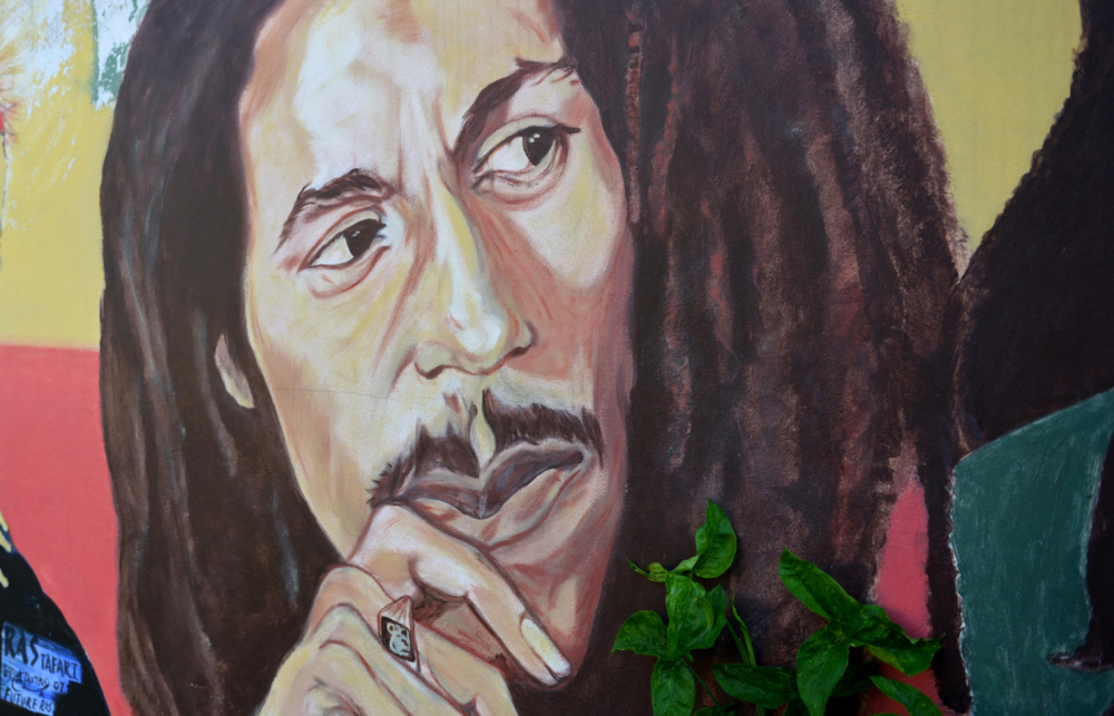 Jamaica’s own Bob Marley, depicted in a mural at the late reggae star’s home in Kingston.