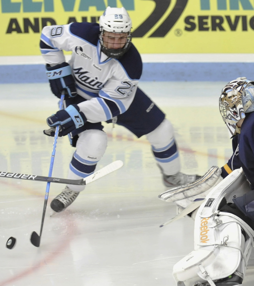 Maine winger Connor Leen ranks second for UMaine with 32 shots on goal and isn’t afraid to go into the corners with much bigger players.