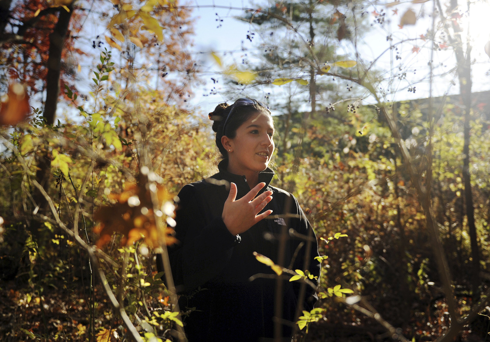 Lindsay Tomaszewski, intern with the Greenwich Inland Wetlands & Watercourses Agency, walks through a wooded plot of land beside the North Street School in Greenwich, Conn. Tomaszewski has been labeling and studying invasive species in the town-owned plot of land. The Associated Press//Greenwich Time/ Tyler Sizemore