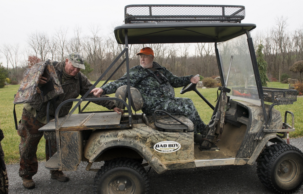 Jim Clay, a well-known Virginia turkey caller and hunter, and landowner Bill Henkel prepare to embark on a turkey hunt in Clear Brook, Va., last week. With more than 200,000 wild turkeys in Virginia, the birds’ resurgence is a boon to hunters. Washington Post photo by Linda Davidson