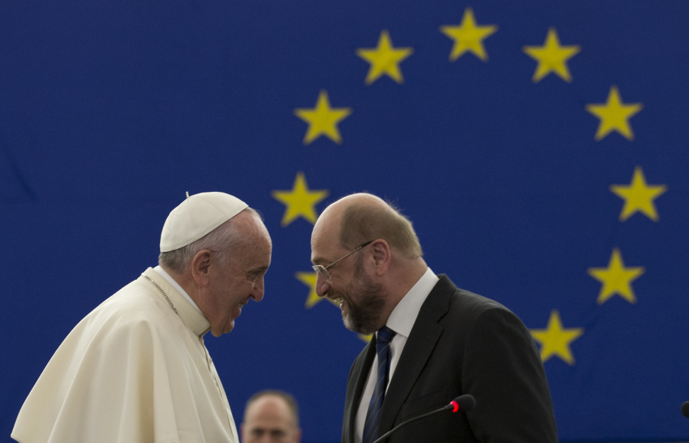 European Parliament President Martin Schulz, right, told Pope Francis on Tuesday that “you are a person who gives us guidance at a time when we have lost our compass.”