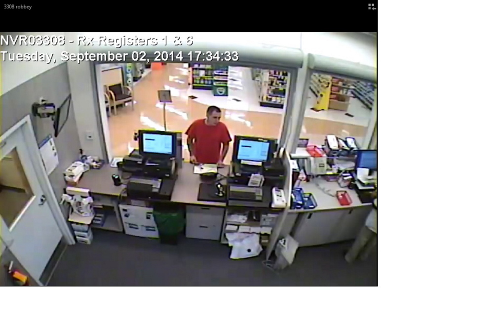 Store surveillance video shows a suspect in an attempted robbery Sept. 2 at the Rite Aid pharmacy on North Belfast Avenue in Augusta. Dominic J. Pomerleau, who police say is the man in this photo, and two other people have been charged in connection with this robbery as well as one 20 minutes later at the Rite Aid pharmacy on Hospital Street.