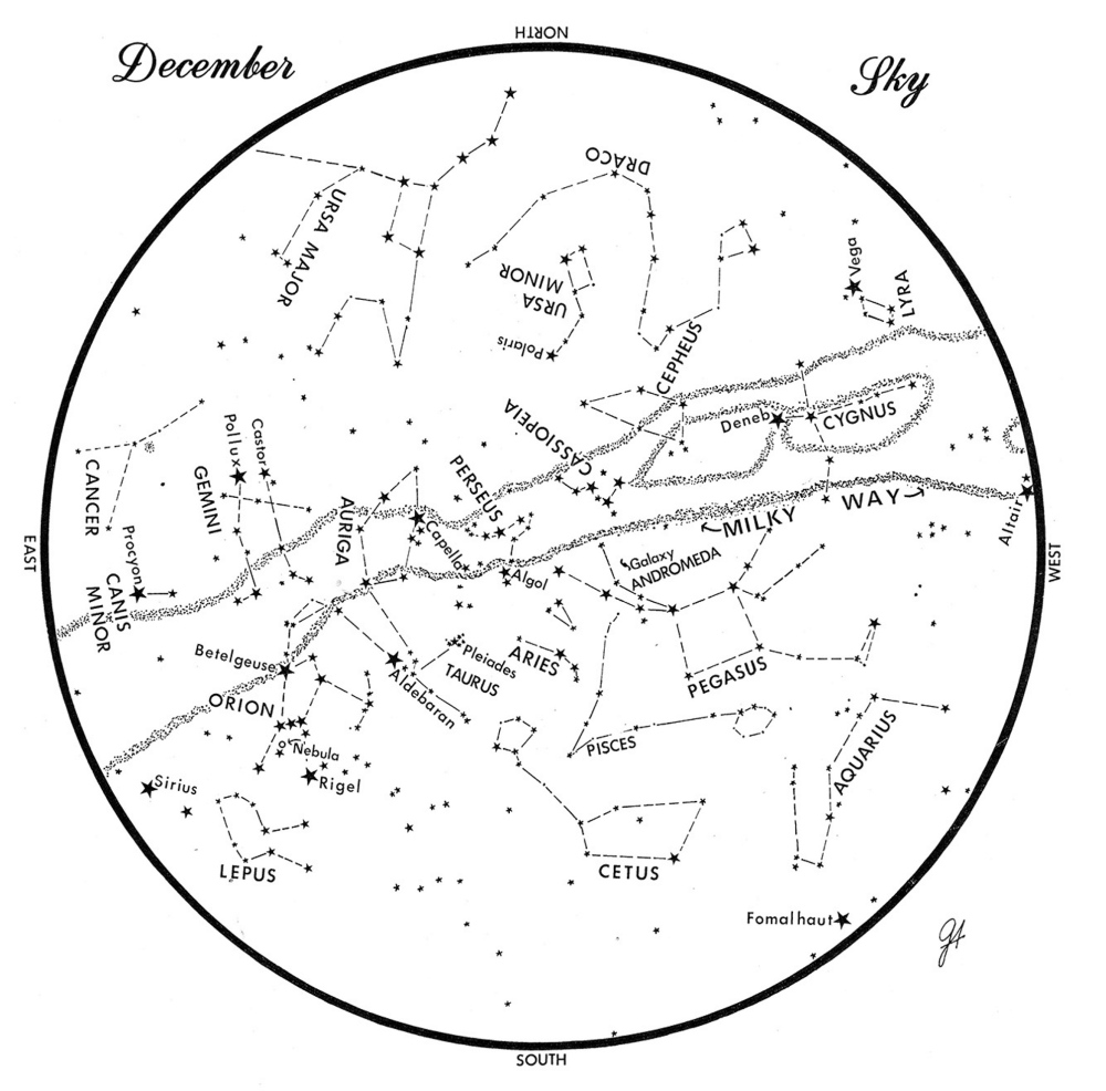 This chart represents the sky as it appears over Maine during December. The stars are shown as they appear at 9:30 p.m. early in the month, at 8:30 p.m. at midmonth and at 7:30 p.m. at month’s end. No planets are visible at chart time. To use the map, hold it vertically and turn it so that the direction you are facing is at the bottom.