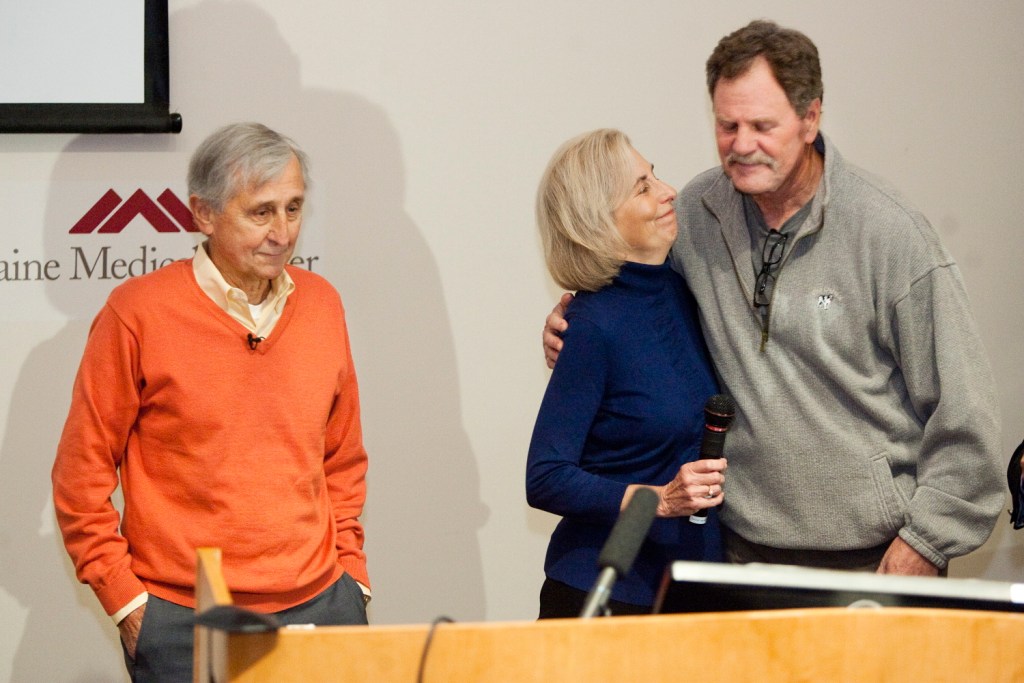 Mary Ann McLaughlin of Scarborough thanks Stan Galvin of Pemaquid for his altruistic donation of a kidney to her husband, James McLaughlin, at left. Mary Ann McLaughlin donated a kidney to another man as part of the Paired Donation Program at Maine Medical Center in Portland.