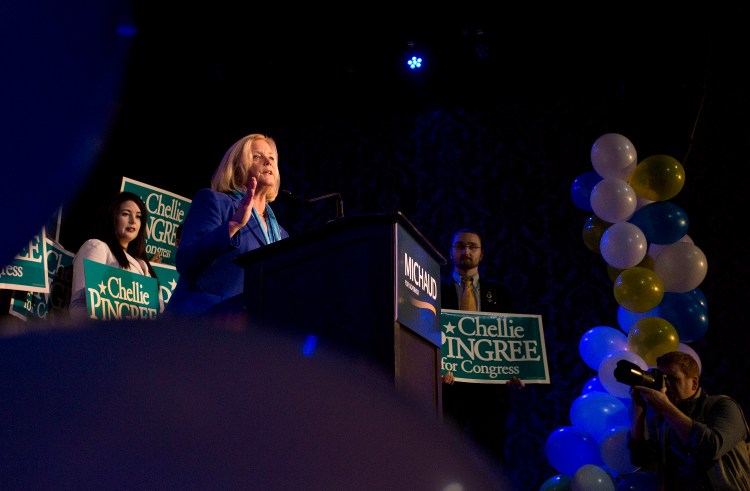 U.S. Rep. Chellie Pingree, a North haven Democrat, gives her victory speech at Port City Music Hall in Portland after she was re-elected to the House of Representatives on Tuesday.