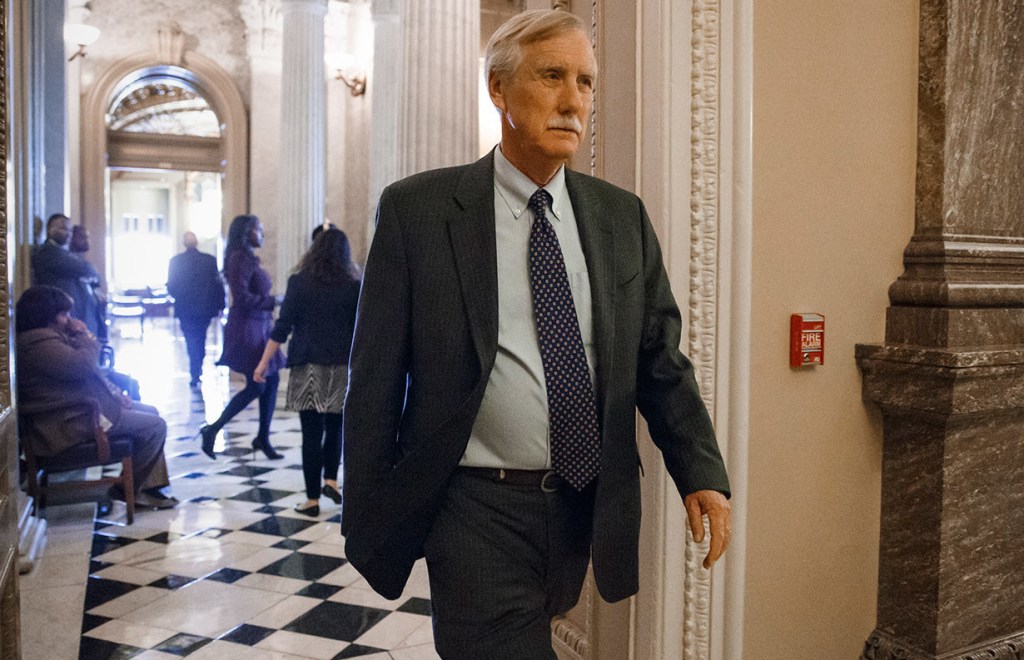 Before the Senate's vote Tuesday on the Keystone XL oil pipeline, independent Sen. Angus King of Maine leaves a strategy session of the Democratic caucus. King voted against the bill despite what he described as his frustration over President Obama's refusal to make a decision on the pipeline.