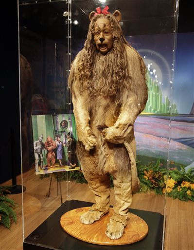 Bert Lahr's Cowardly Lion costume from "The Wizard of Oz,"  part of the "There's No Place Like Hollywood" movie memorabilia auction that took place at Bonhams auction house in New York Monday. The Associated Press