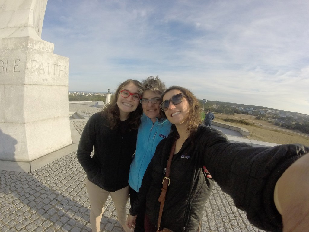 Sally takes a selfie with her mother and sister who visited on board for Thanksgiving.