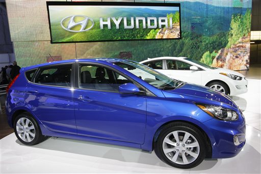 A Hyundai Accent, foreground, and Elantra on display at the New York International Auto Show in 2011. The Associated Press