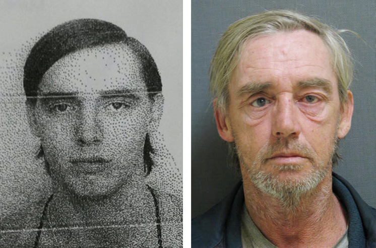 Albert Marcheterre in his 1980 Aroostook County Sheriff's Office booking photo, left, and his 2014 Vermont State Police booking photo.
