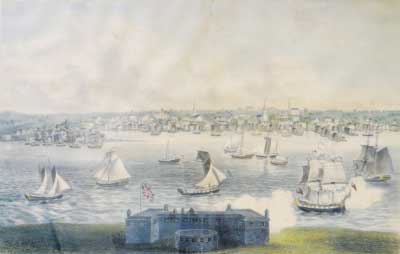 The thin strip of land that extends into the harbor from the left is Gravelly Point, where Joseph Libbey and 25 other men from Edward Low’s pirate crew were hanged in July 1723. The island in the foreground, with the fort, is Goat Island, where the men were buried after the execution in Newport, R.I.