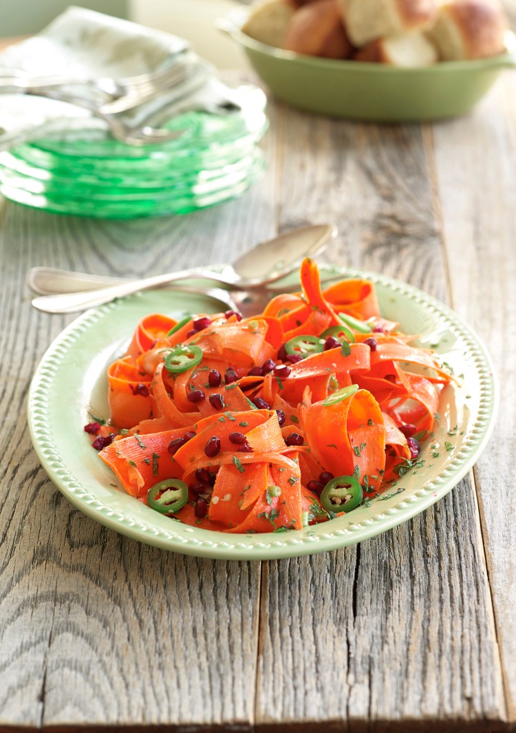 Carrot ribbons with pomegranate dressing from "The Big Book of Sides," by Rick Rodgers.