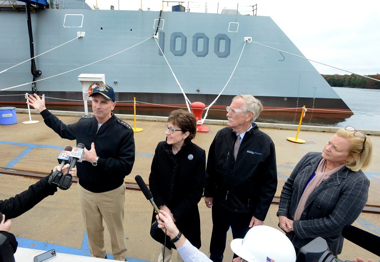 Chief of Naval Operations Adm. Jonathan W. Greenert toured the USS Zumwalt at BIW with U.S. Sens. Angus King and Susan Collins and U.S. Rep Chellie Pingree on Wednesday. John Patriquin / Staff Photographer
