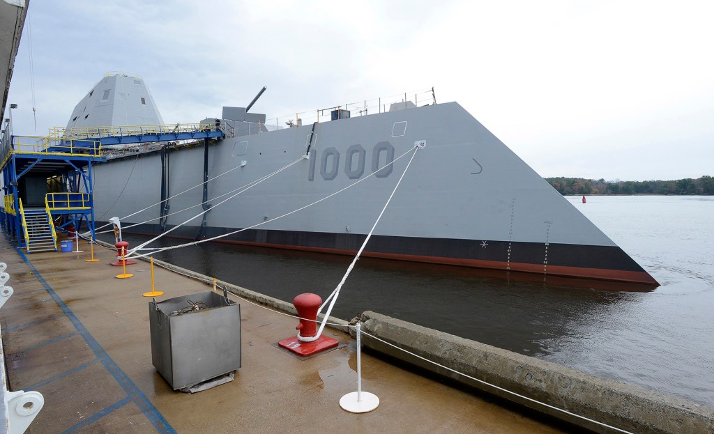 The USS Zumwalt  is designed to be able to hit speeds of up to 30 knots, operate in shallower waters and carry more precise weaponry than used on the Arleigh Burke destroyers also built at BIW.  John Patriquin / Staff Photographer
