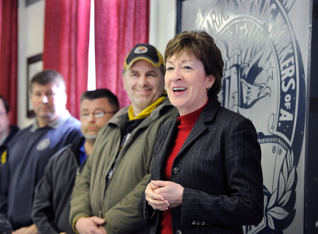 U.S. Sen. Susan Collins visits Bath Iron Works in February. She has incorporated labor voters into a coalition that has brought her electoral success, writes Lance Dutson.