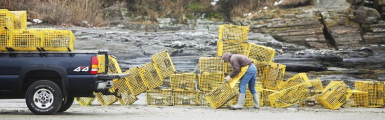 Ed Perry, a commercial lobsterman for 30 years, stacks lobster traps into his truck on the beach at Kettle Cove in Cape Elizabeth on Sunday. The process began Saturday as the traps were dropped off his boat into the water at high tide, and then stacked and picked up at low tide Sunday.