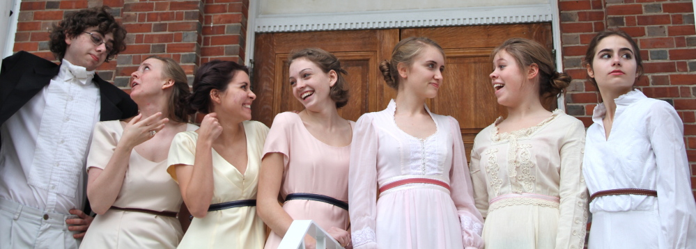 The Thornton Academy Players will present Jane Austen’s “Pride and Prejudice” on Thursday, Friday and Saturday at Garland Auditorium on the TA campus in Saco. The actors are, from left, Robbie Faucher, Haleigh McKechnie, Jenna Scott, Aja Sobus, Katie Dube, Sabena Alle and  Brooke Nadeau.