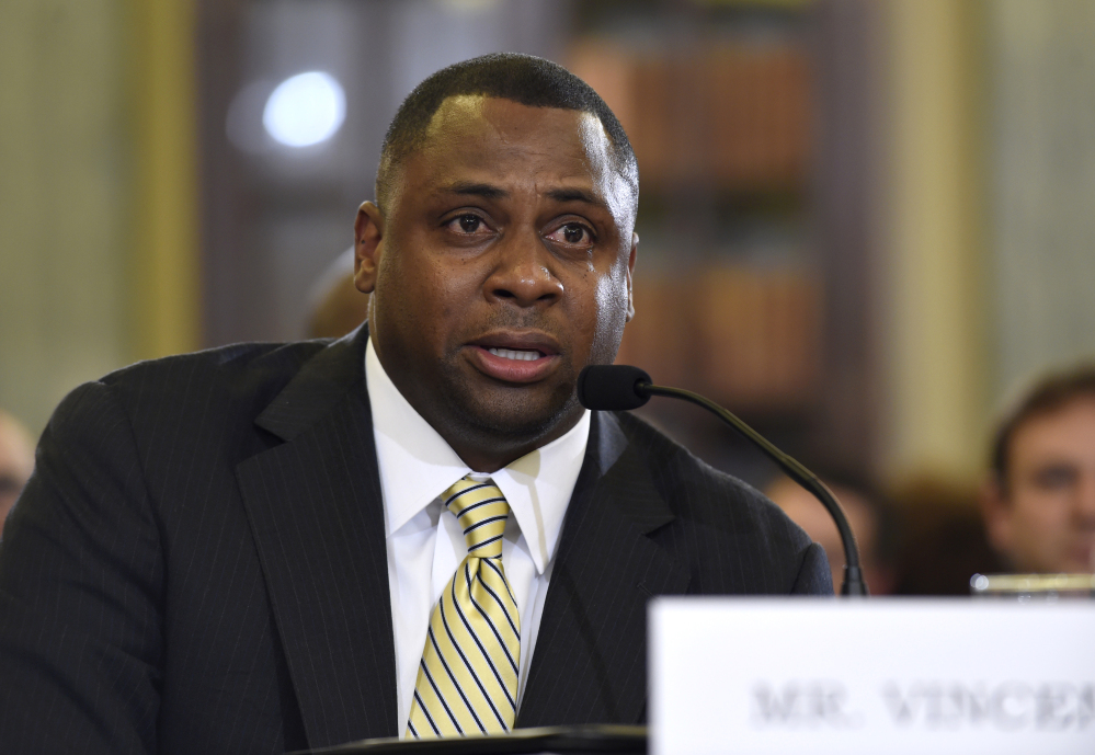 NFL Executive Vice President of Football Operations Troy Vincent testifies Tuesday before the Senate Commerce Committee on domestic violence in professional sports. Vincent, a former player, choked up while testifying, saying abuse was a “way of life” in his home when he was growing up because his mother was beaten.